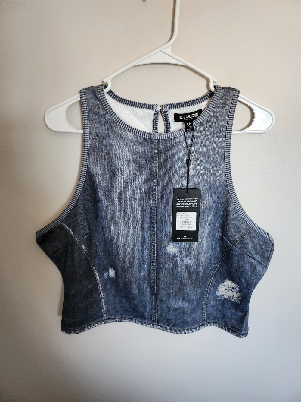 True Religion Washed Black Distressed Denim Crop Tank